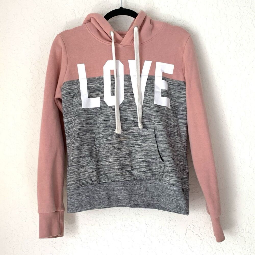 Reflex Hoodie Sweatshirt Size S Pink Gray Love Spellout Pocket Preppy Streetwear
